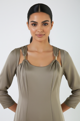 Long Satin A-Line Dress with Metal Strap Detailing – Elegant Evening Style