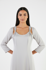 Long Satin A-Line Dress with Metal Strap Detailing – Elegant Evening Style