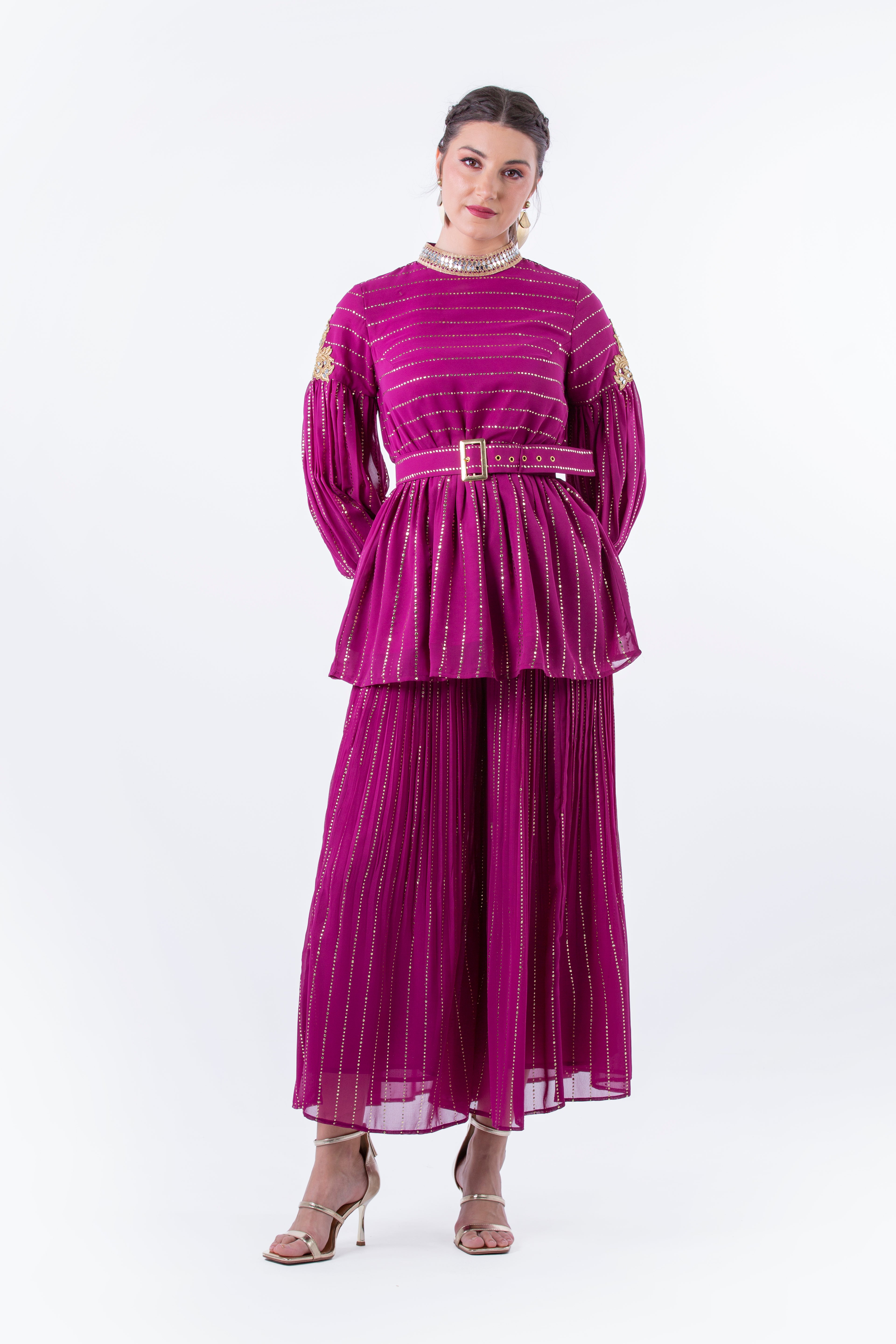 Pleated Wide-Leg Palazzo Pants with Metallic Detailing - Montania Shop