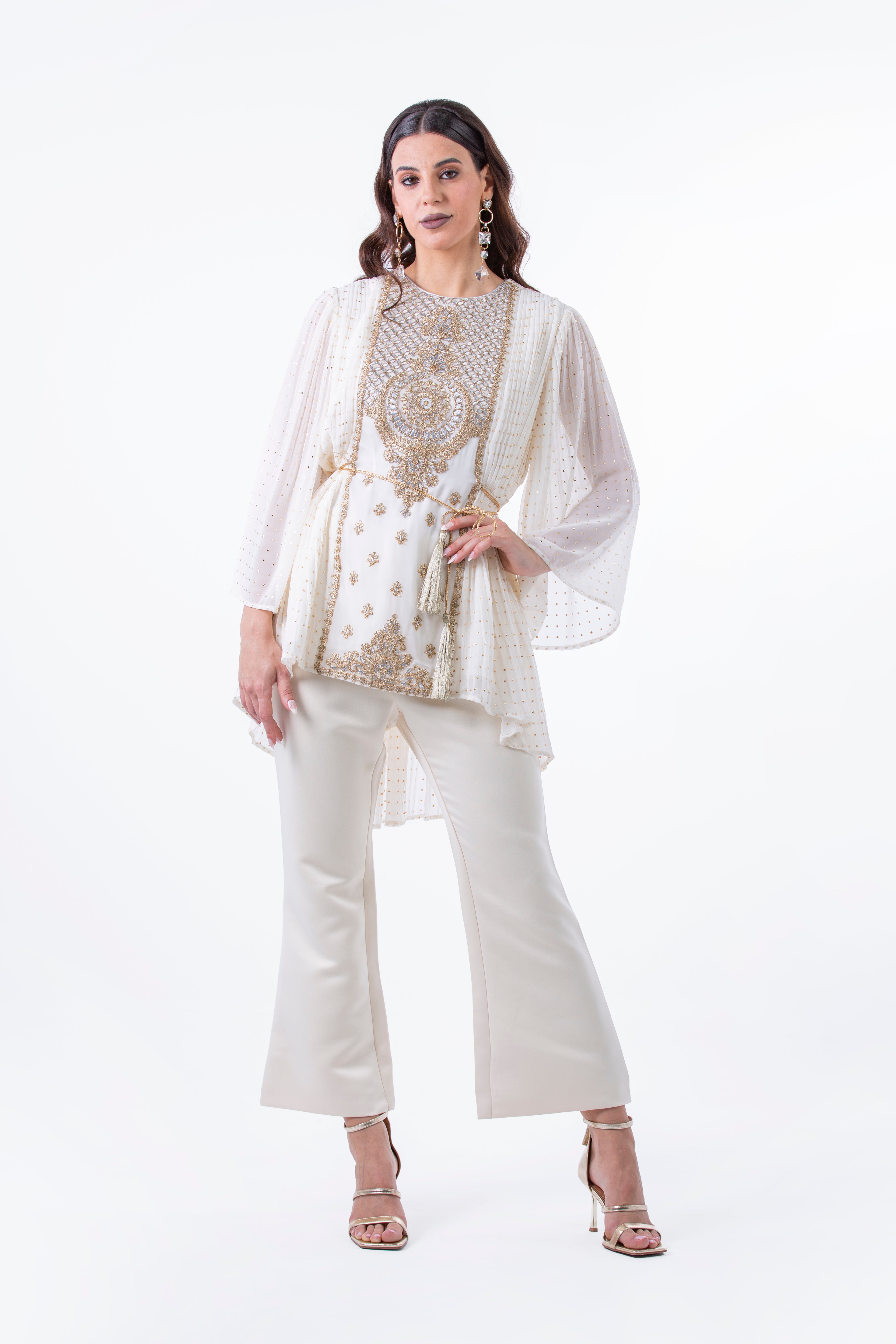 Festive Pleated Blouse with Embellished Front Panel - Montania Shop