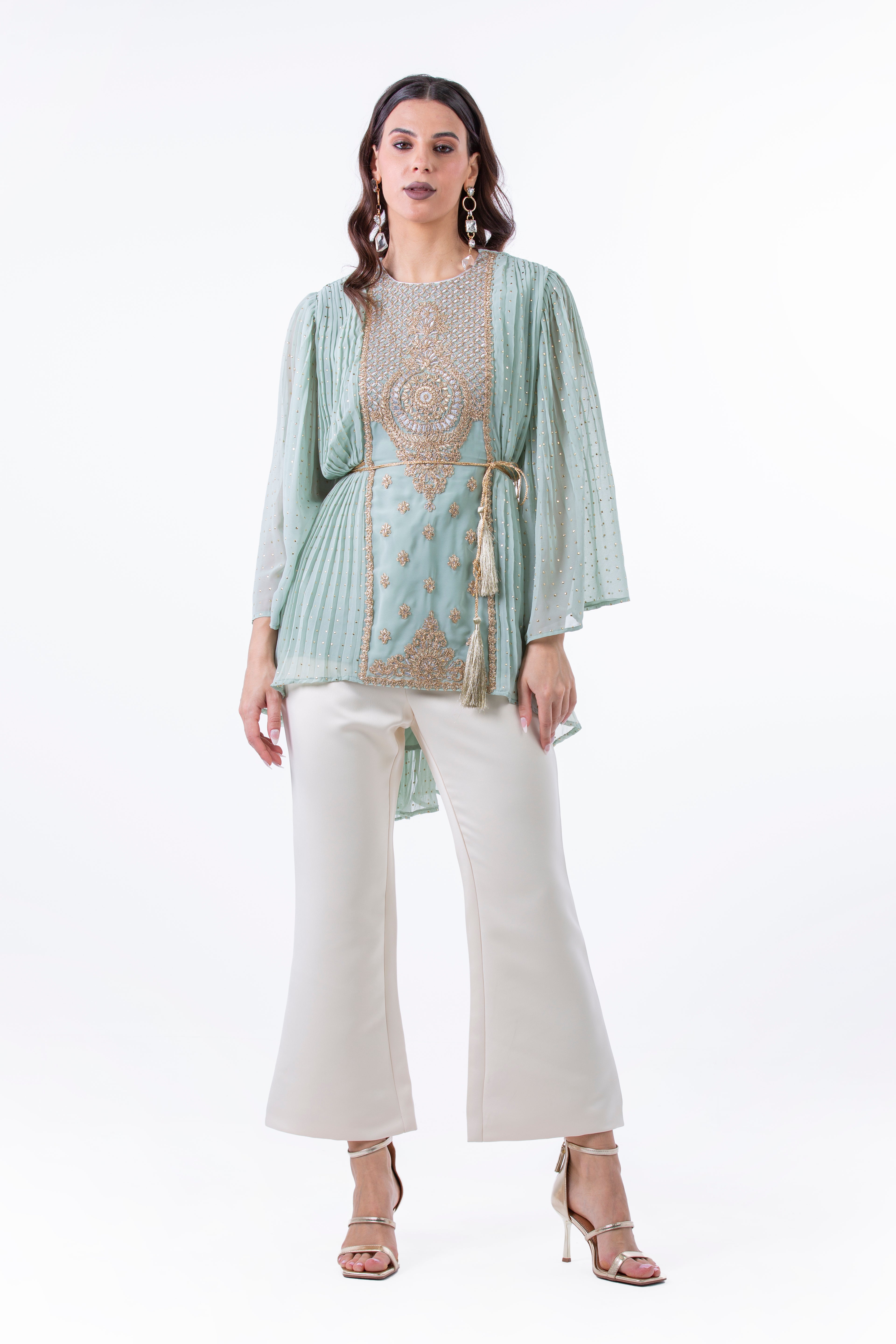 Festive Pleated Blouse with Embellished Front Panel - Montania Shop