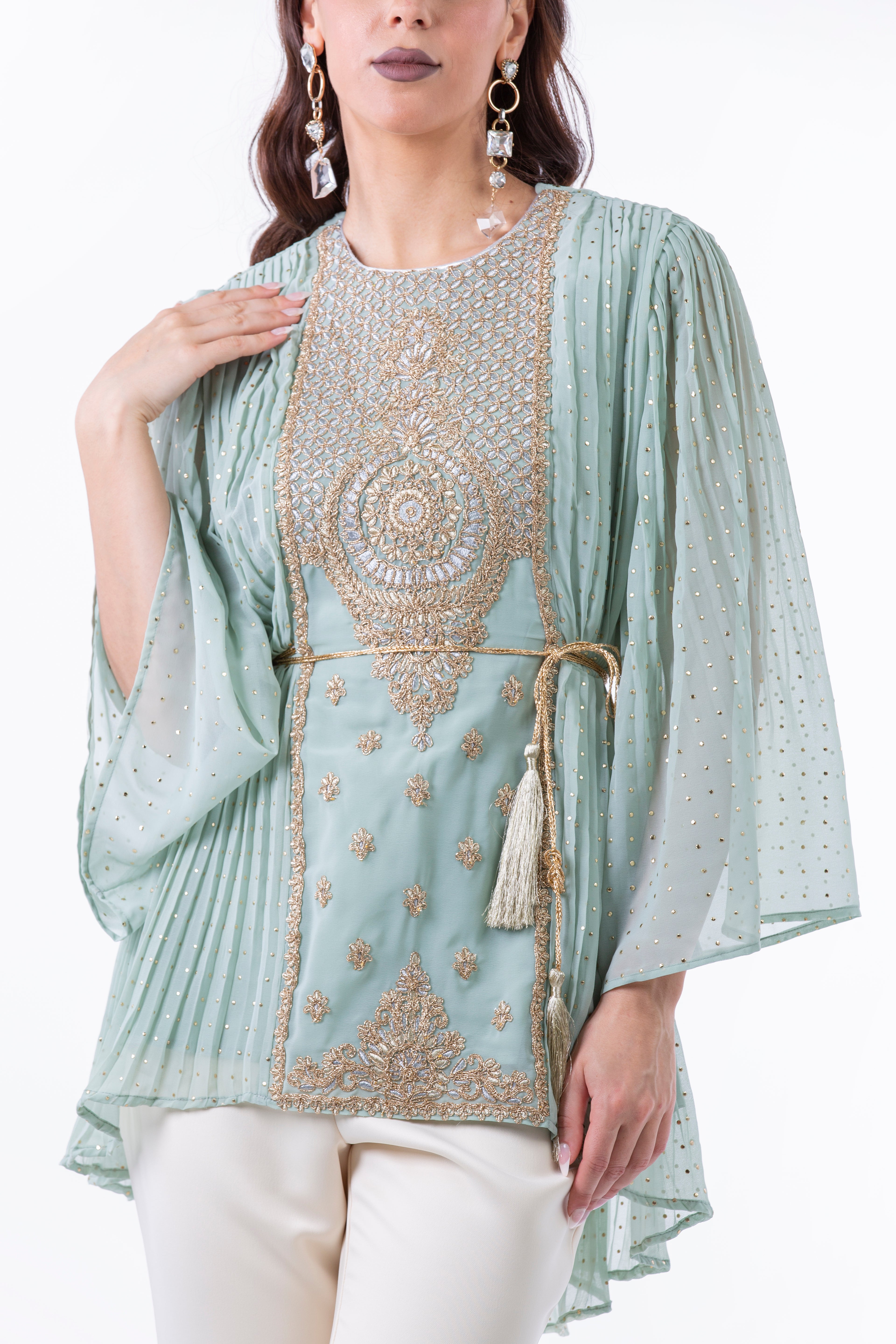 Festive Pleated Blouse with Embellished Front Panel - Montania Shop