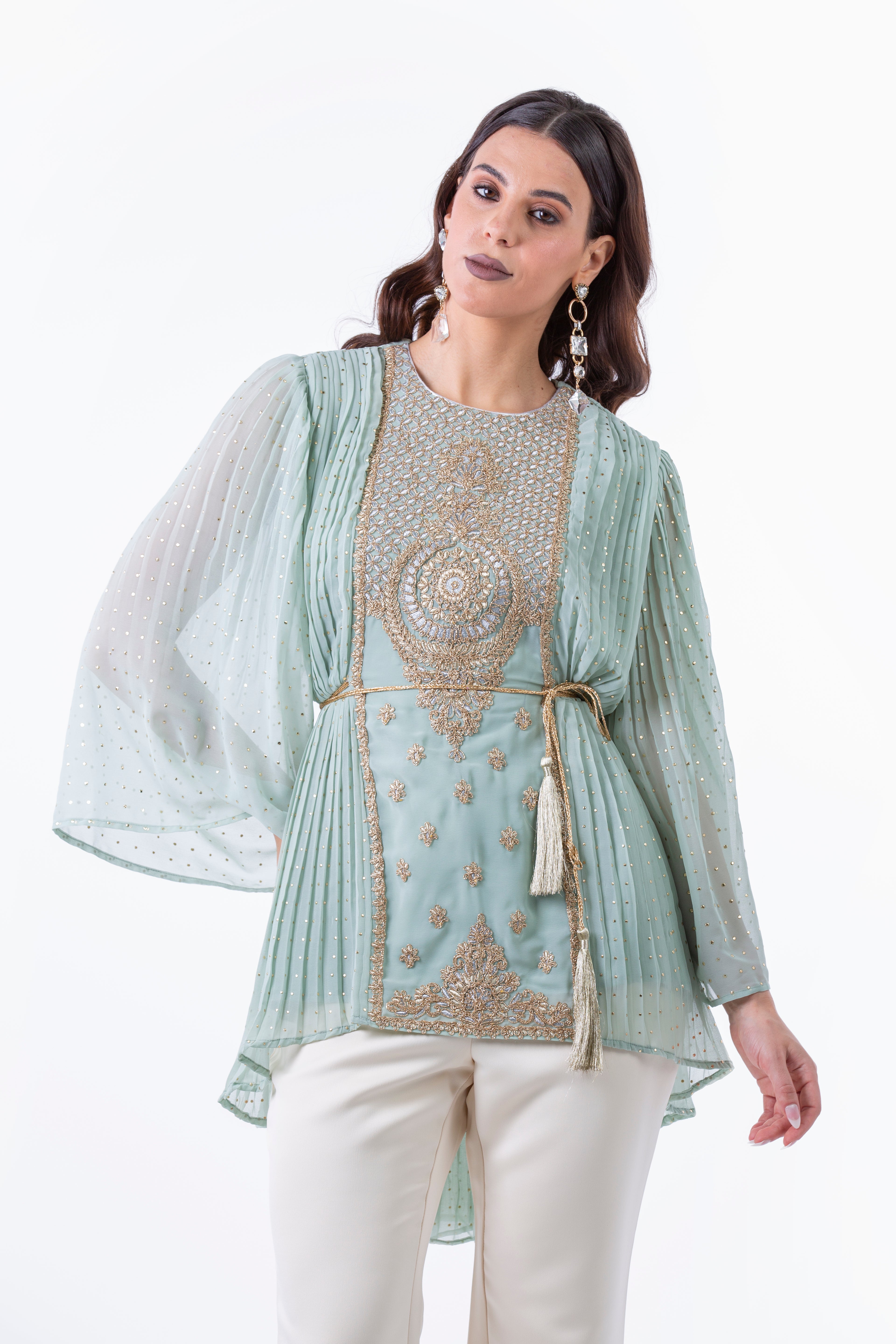 Festive Pleated Blouse with Embellished Front Panel - Montania Shop