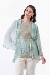 Festive Pleated Blouse with Embellished Front Panel - Montania Shop