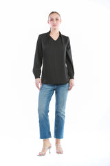 Elegant V-Neck Blouse with Soft Gathered Sleeves