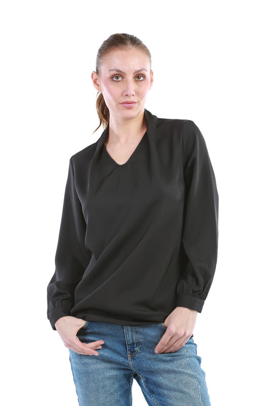 Elegant V-Neck Blouse with Soft Gathered Sleeves