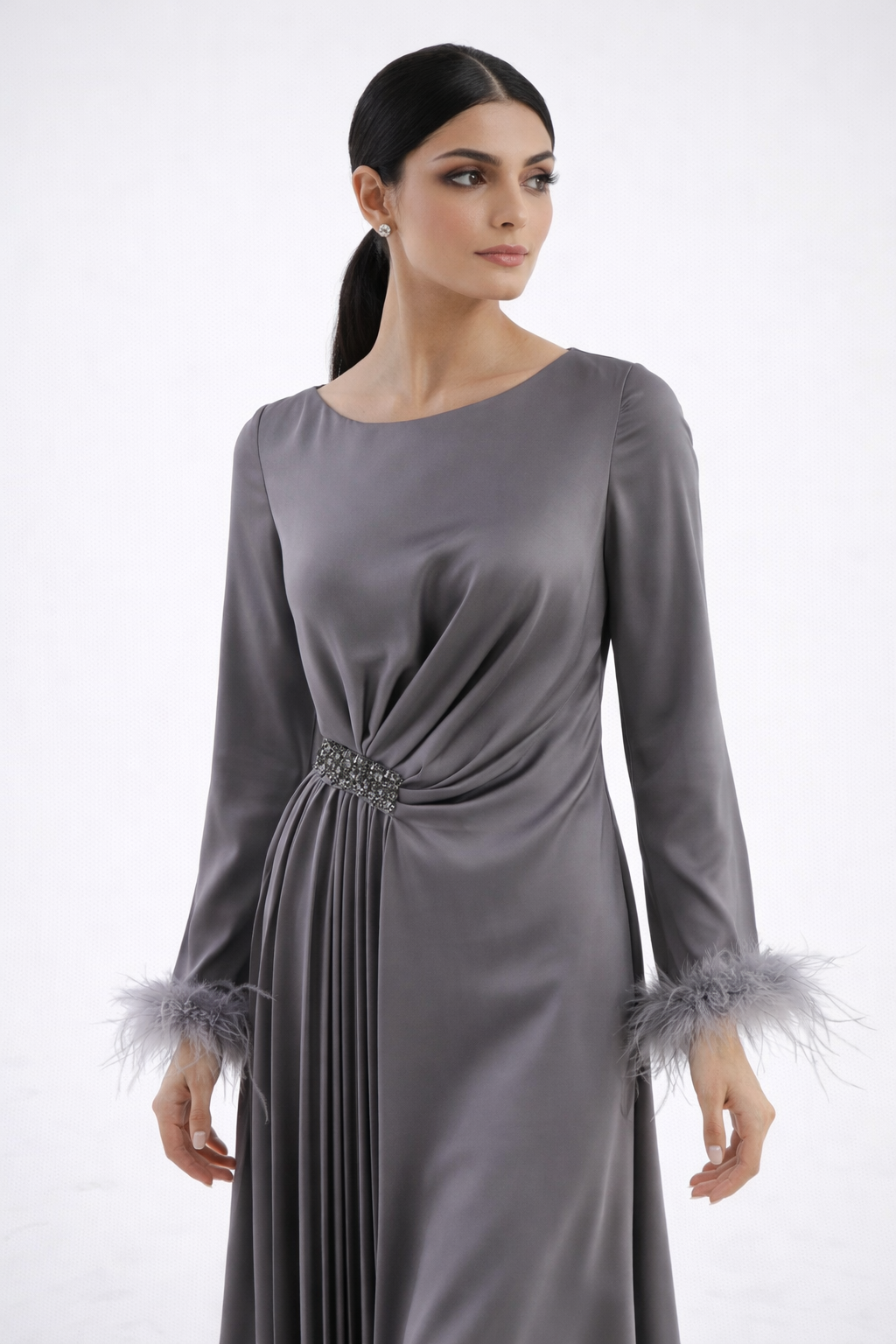 Pleated Waist Maxi Dress with Feather-Trimmed Cuffs - Montania Shop