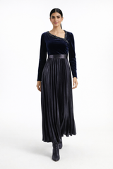 Two-Fabric Maxi Dress with Velvet Bodice and Pleated Skirt