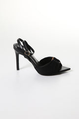 Ruched Satin Heels with Metal Ring – Elegant Open-Toe Sandals