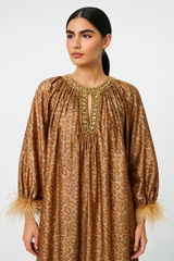 Animal Print Maxi Dress with Embellished Neckline & Feather Cuff Detail