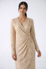 Elegant Lace Wrap Midi Dress with Asymmetrical Hem