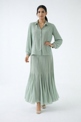 Pleated Sleeve Embellished Collar Shirt