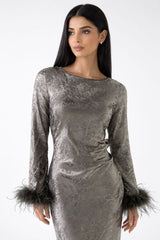 Asymmetrical Textured Maxi Dress with Feathered Cuffs