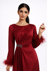 Pleated Waist Maxi Dress with Feather-Trimmed Cuffs