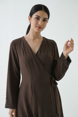 Elegant Wrap Midi Dress with Embellished Cuffs