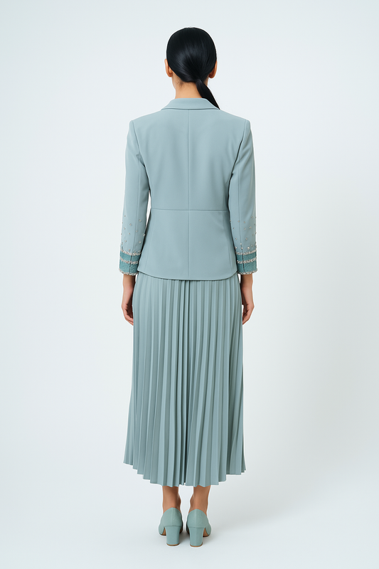 Pleated Maxi Dress with Embellished Blazer-Style Jacket