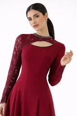 Embellished Lace-Sleeve Maxi Dress