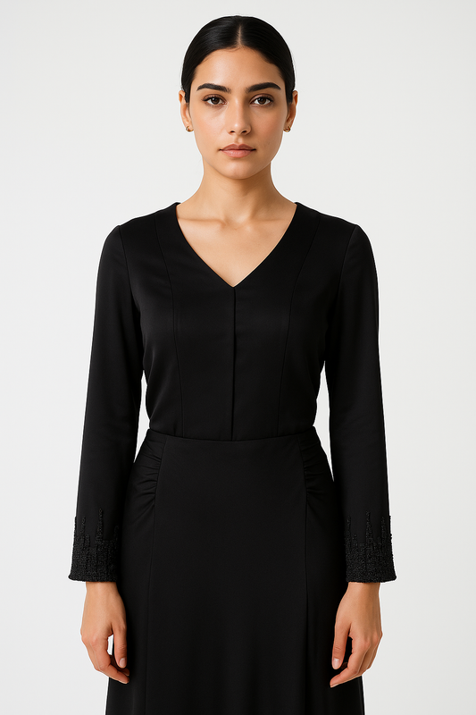 Refined V-Neck Blouse with Embellished Cuffs