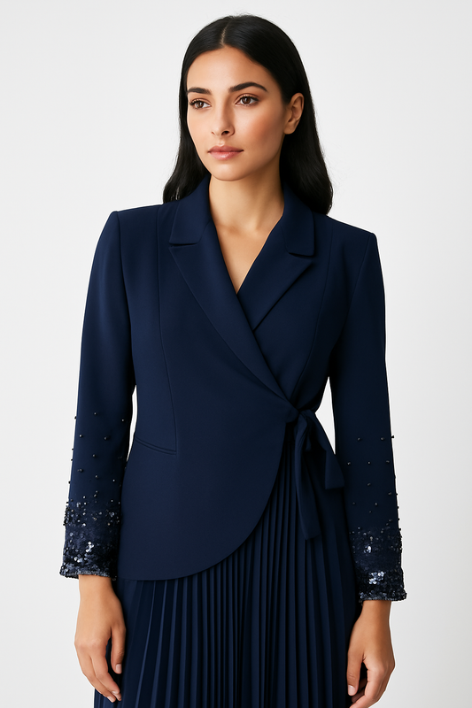 فستان ماكسي بليسيه مع جاكيت بتصميم بليزر مطرّز