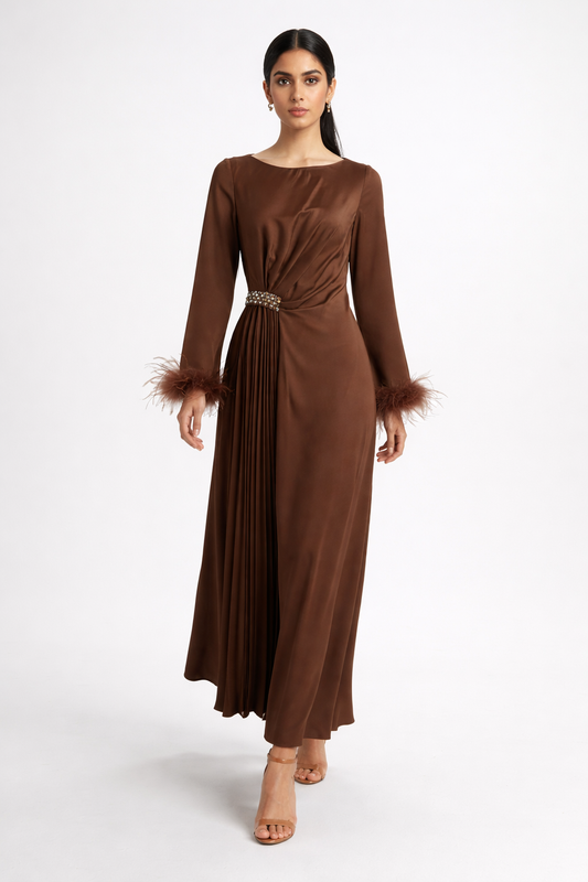 Pleated Waist Maxi Dress with Feather-Trimmed Cuffs