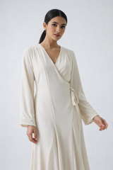 Elegant Wrap Midi Dress with Embellished Cuffs