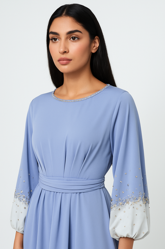 Elegant Maxi Dress with Crystal-Embellished Cuff Sleeves