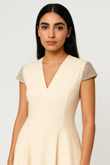 Midi Dress with Embellished Cap Sleeves and Flared Skirt