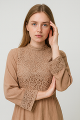 Maxi Dress with Intricate Lace Bodice, Cuff & Hem Detailing