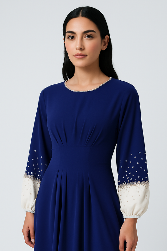 Elegant Maxi Dress with Crystal-Embellished Cuff Sleeves