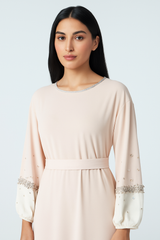 Elegant Maxi Dress with Crystal-Embellished Cuff Sleeves