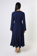Elegant Wrap-Style Midi Dress with Bead-Embellished Sleeves