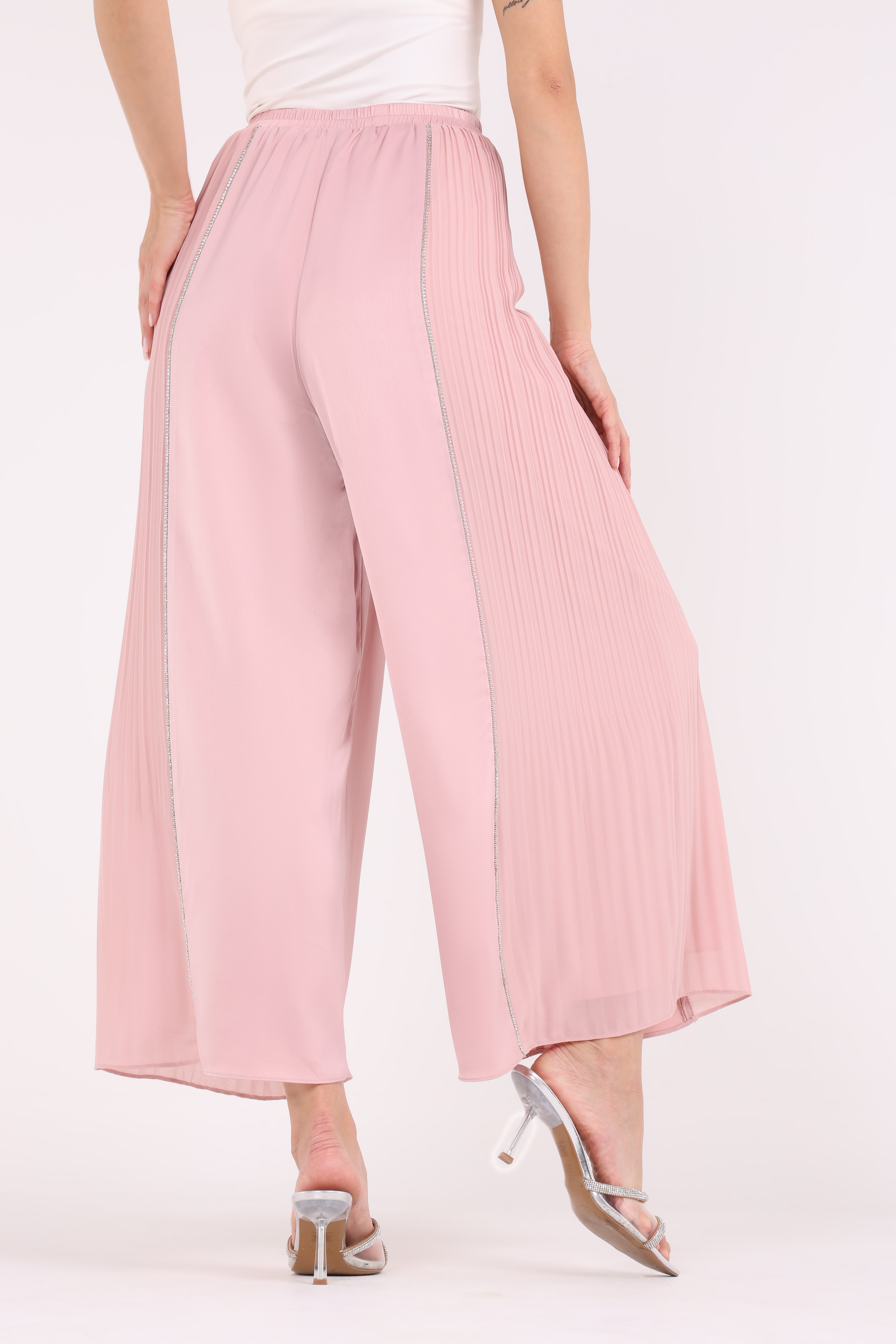 Pleated Wide-Leg Pants with Crystal Side Trim - Montania Shop