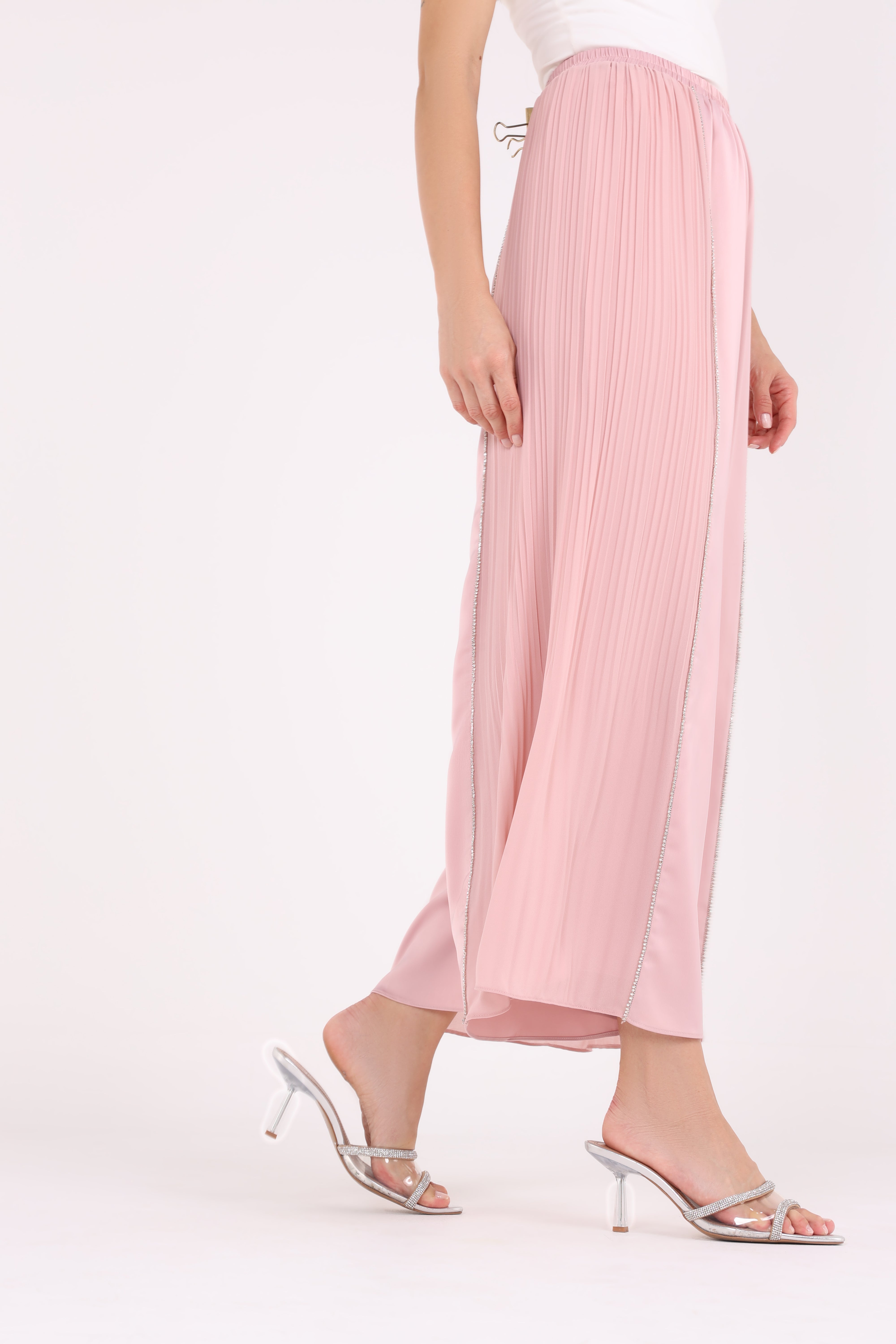 Pleated Wide-Leg Pants with Crystal Side Trim - Montania Shop