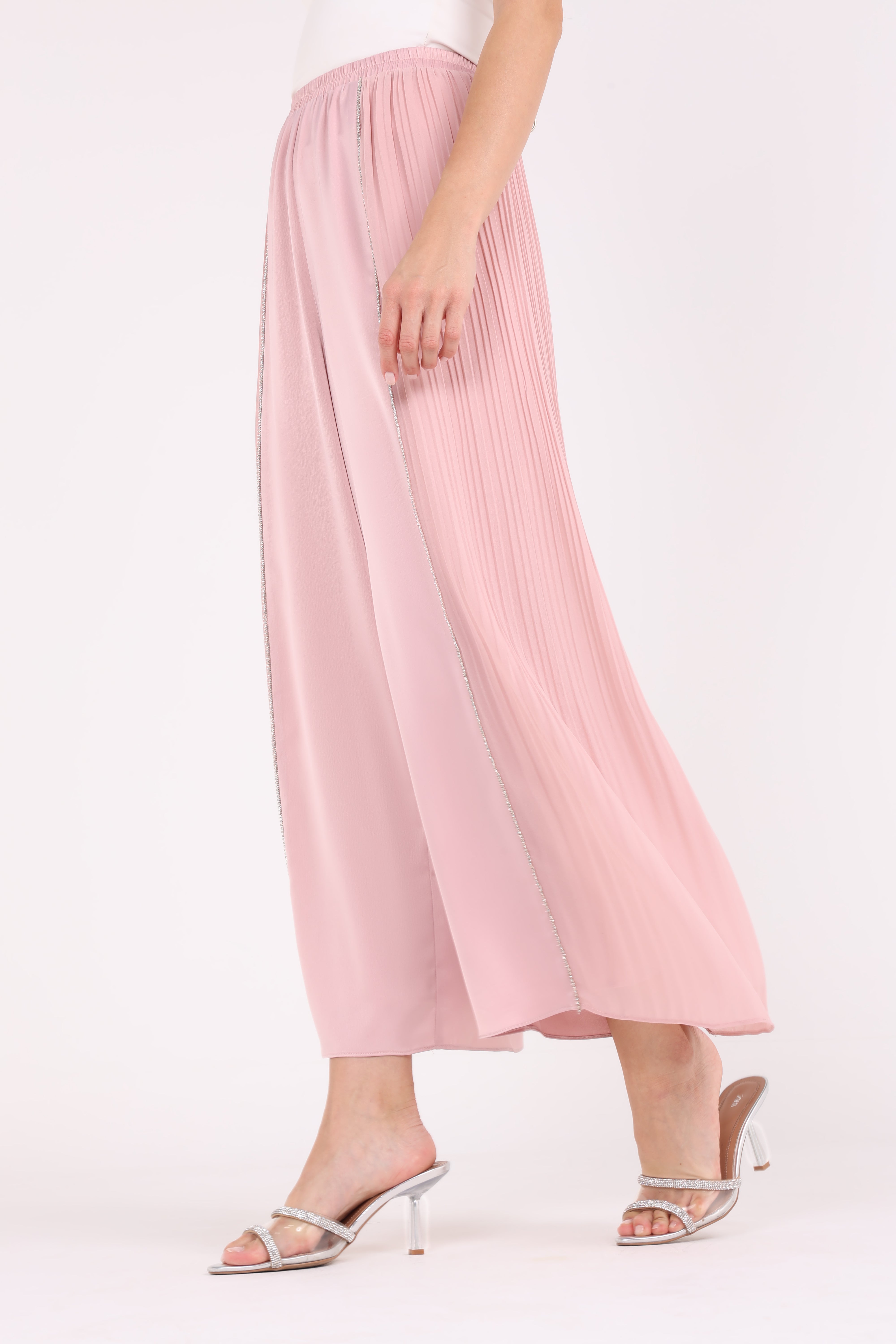 Pleated Wide-Leg Pants with Crystal Side Trim - Montania Shop