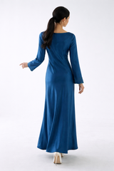 Draped Satin Maxi Dress with Handcrafted Embellished Cuffs - Montania Shop