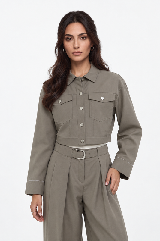 Cropped Utility Jacket with Metallic Button Details