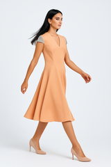 Midi Dress with Embellished Cap Sleeves and Flared Skirt