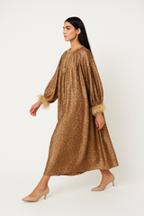 Animal Print Maxi Dress with Embellished Neckline & Feather Cuff Detail