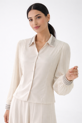 Pleated Sleeve Embellished Collar Shirt