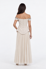 Embellished Cold-Shoulder Pleated Dress