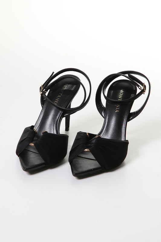 Ruched Satin Heels with Metal Ring – Elegant Open-Toe Sandals
