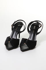 Ruched Satin Heels with Metal Ring – Elegant Open-Toe Sandals