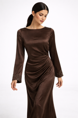 Draped Satin Maxi Dress with Handcrafted Embellished Cuffs