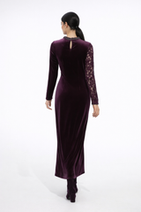 Velvet Maxi Dress with Lace Sleeve and Embellished Details