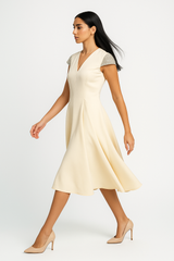 Midi Dress with Embellished Cap Sleeves and Flared Skirt