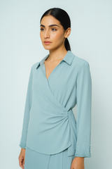 Wrap-Style Collared Blouse with Beaded Cuffs