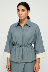 Drawstring Waist Jacket with Contrast Cuffs