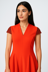 Midi Dress with Embellished Cap Sleeves and Flared Skirt