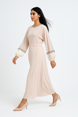 Elegant Maxi Dress with Crystal-Embellished Cuff Sleeves