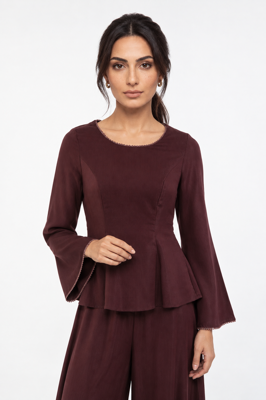 Crystal-Trim Peplum Blouse with Flared Sleeves